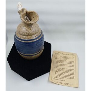 Potters Mark 1986 Art Studio Pottery Oil Lamp Speckled Beige & Blue Glaze